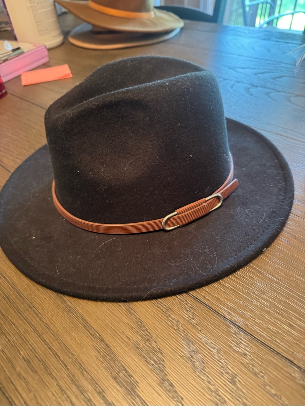 Men's Black Felt Fedora Hat with Brown Band